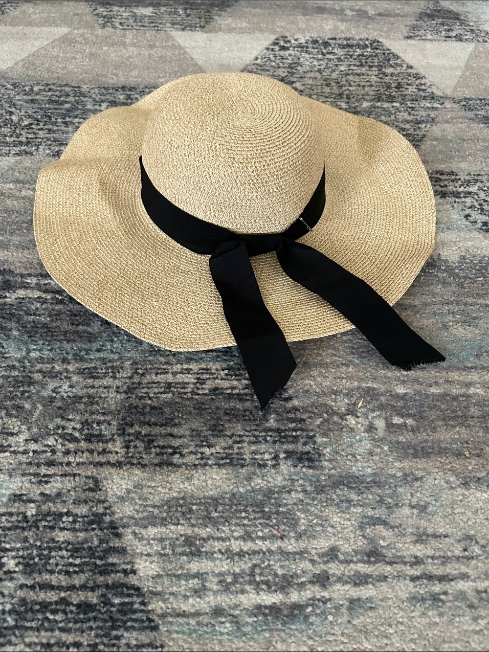 Wide-Brim Straw Sun Hat with Black Ribbon Tie - Women's Summer Hat